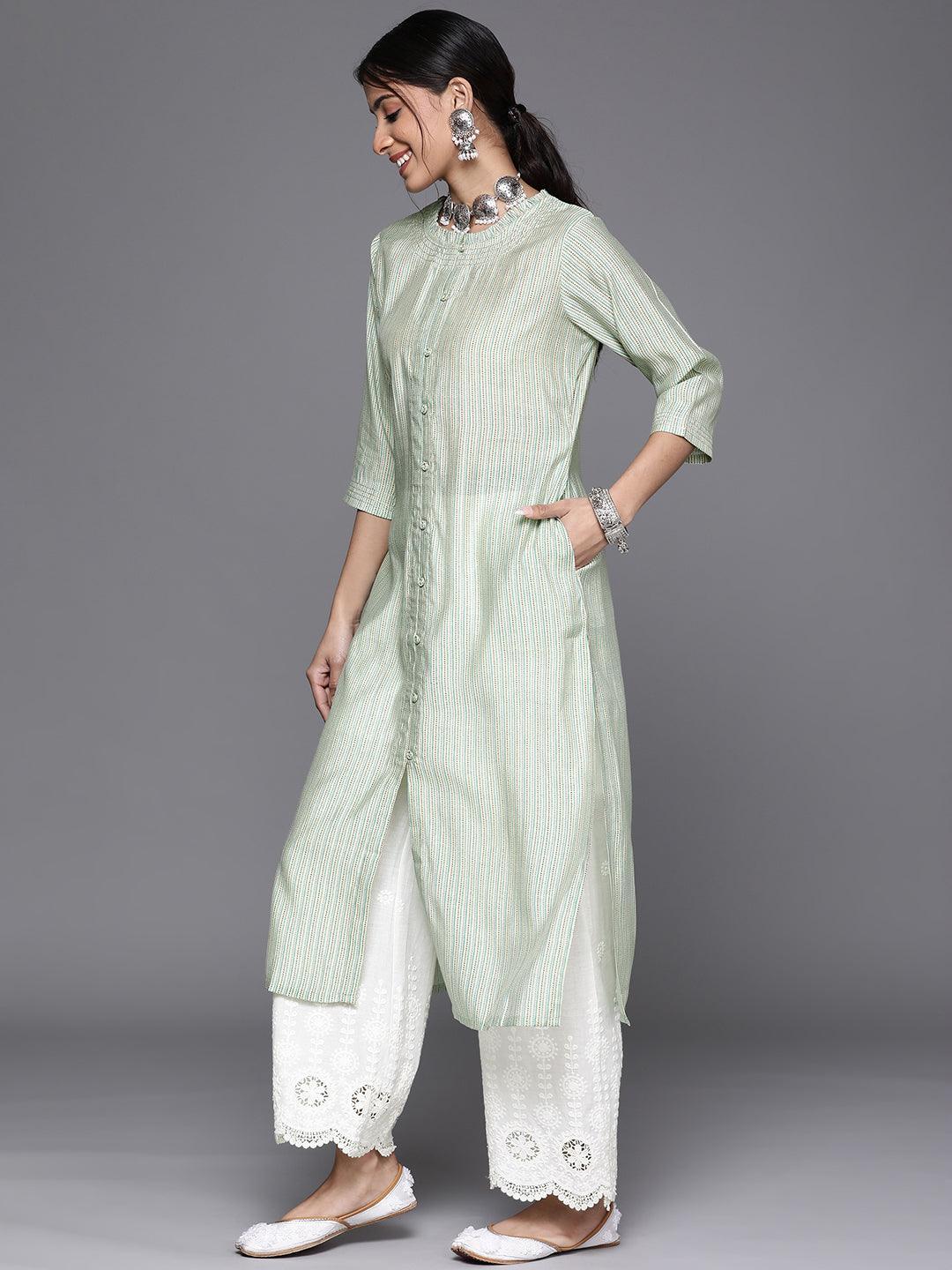 Green Printed Chanderi Silk Kurta