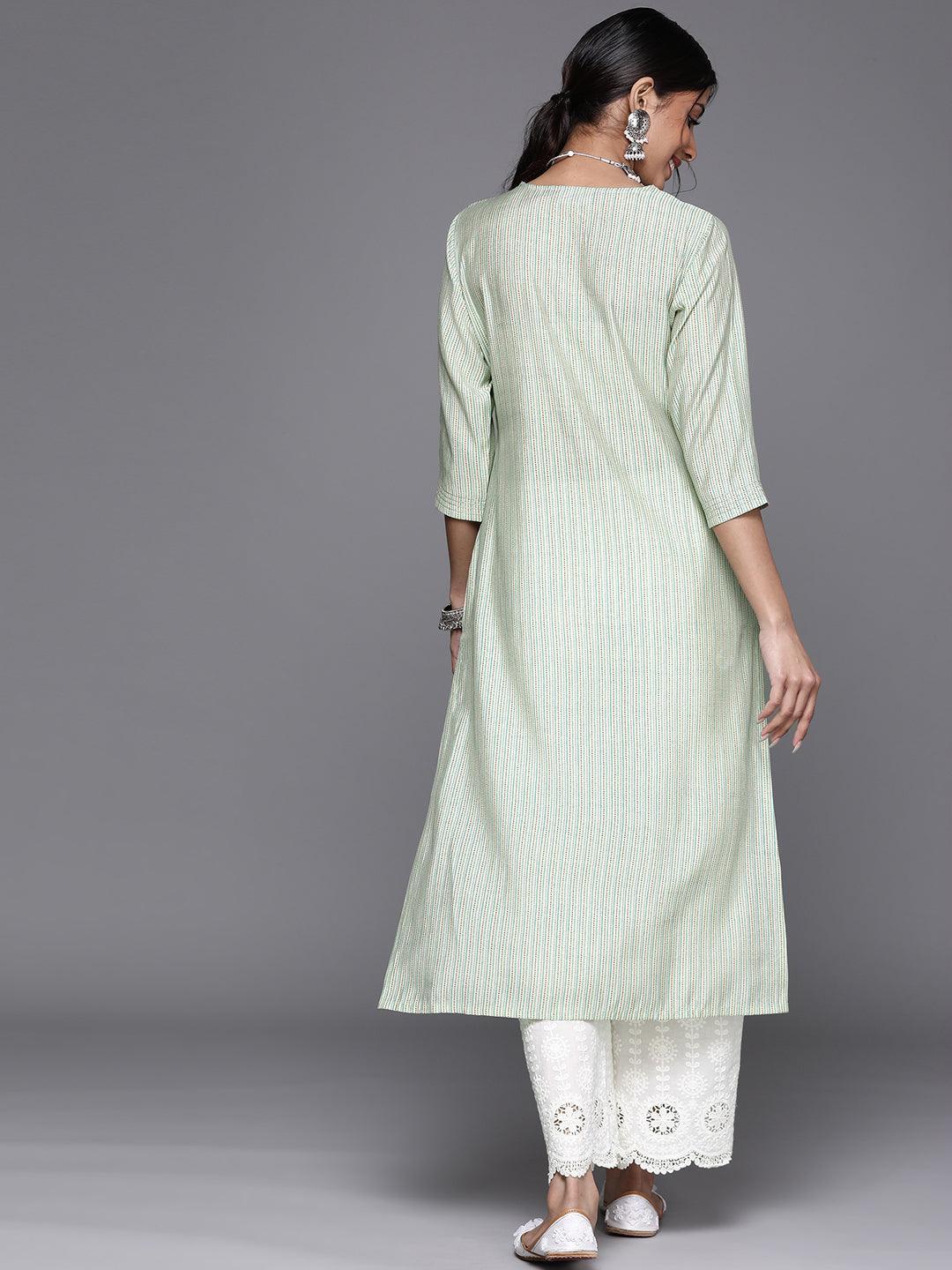 Green Printed Chanderi Silk Kurta - ShopLibas