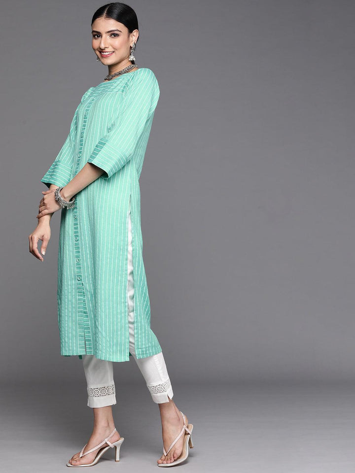 Sea Green Striped Cotton Kurta - ShopLibas