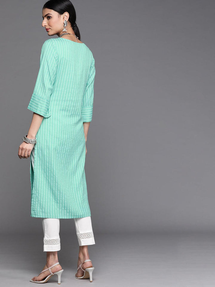 Sea Green Striped Cotton Kurta - ShopLibas