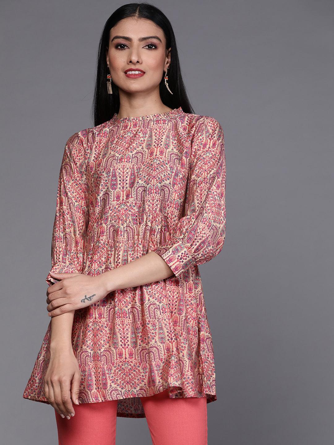 Beige Printed Silk Blend Kurti