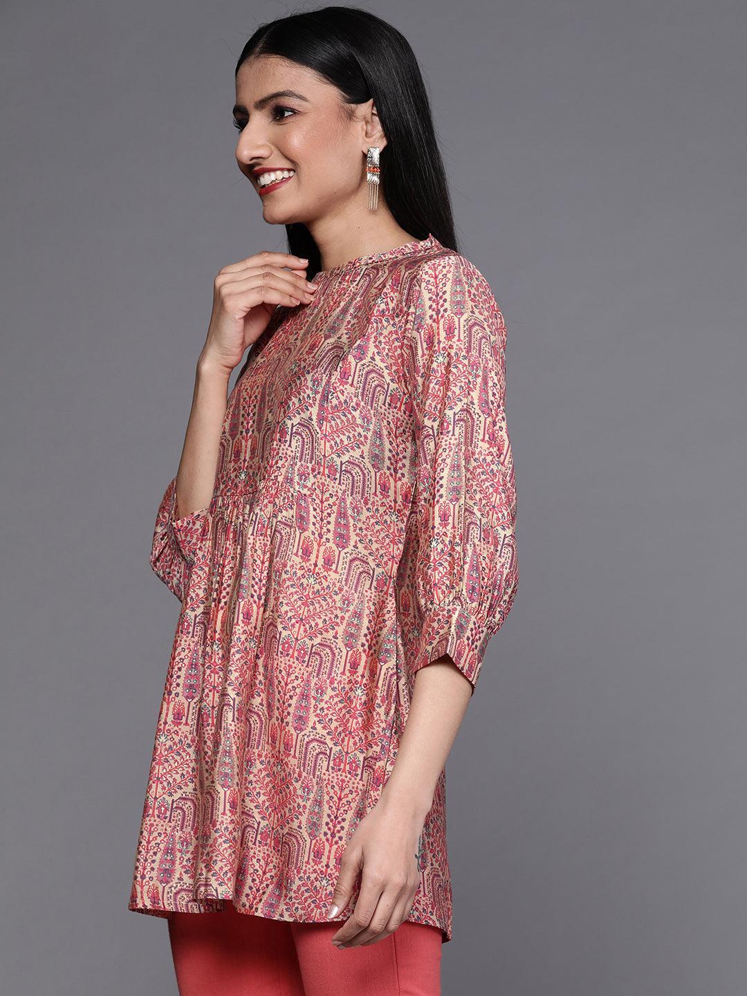 Beige Printed Silk Blend Kurti