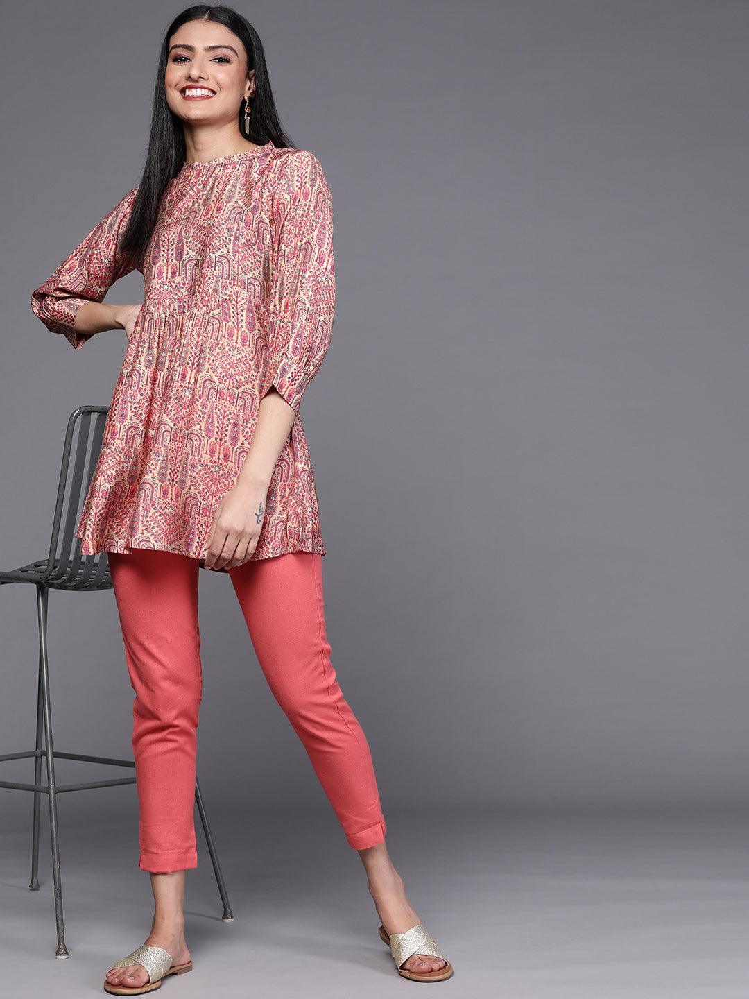 Beige Printed Silk Blend Kurti