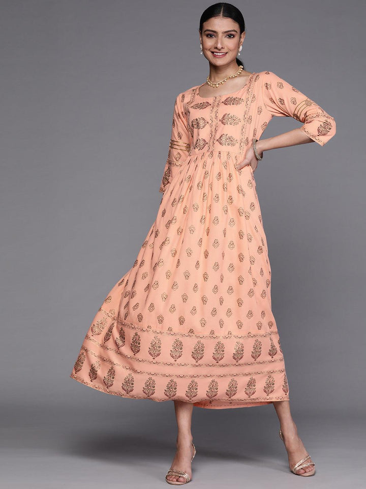 Peach Printed Viscose Rayon Dress - ShopLibas