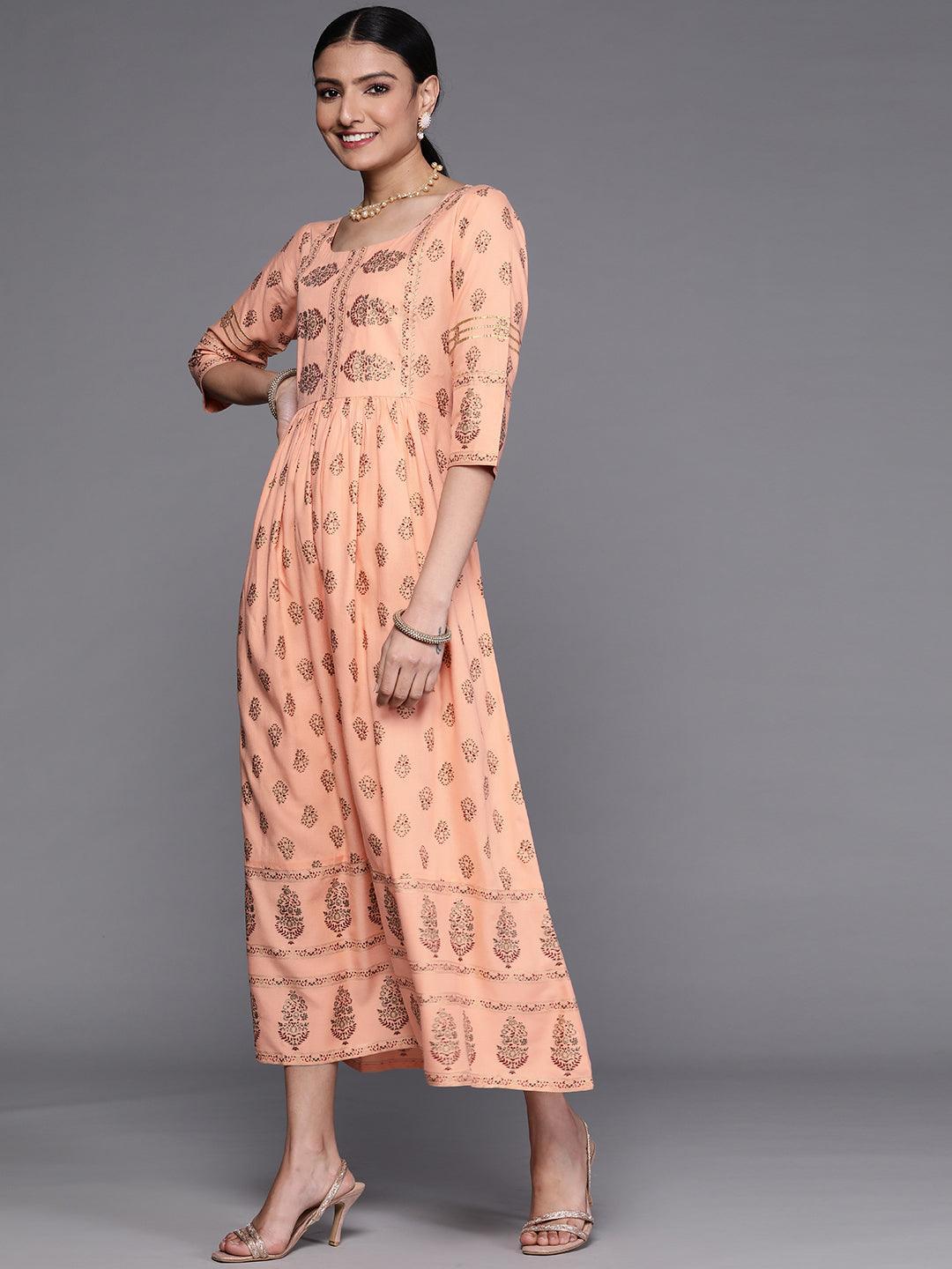 Peach Printed Viscose Rayon Dress