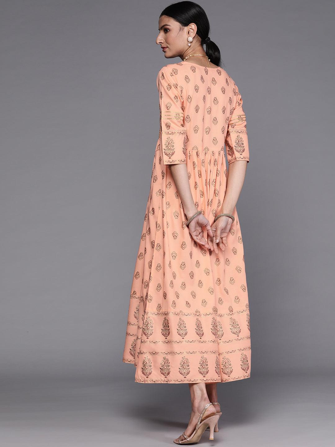 Peach Printed Viscose Rayon Dress