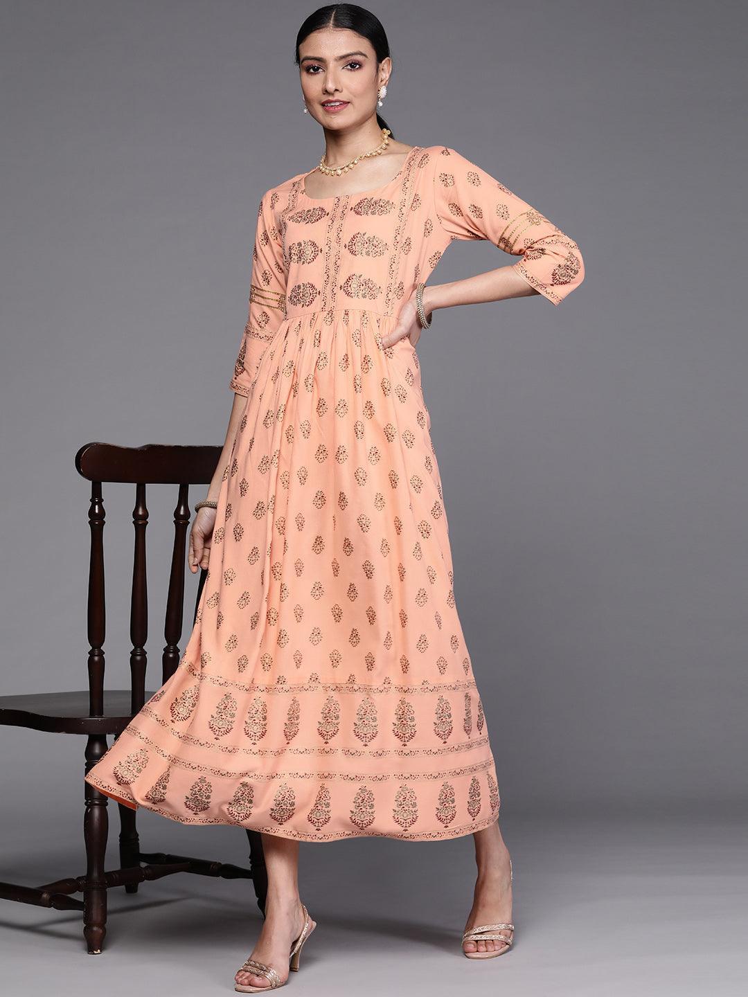 Peach Printed Viscose Rayon Dress