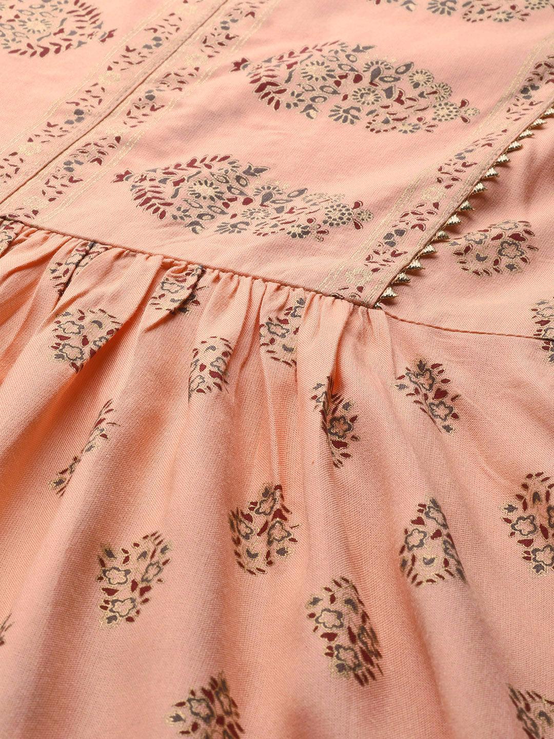 Peach Printed Viscose Rayon Dress