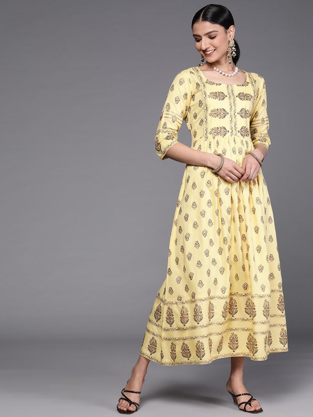 Yellow Printed Viscose Rayon Dress