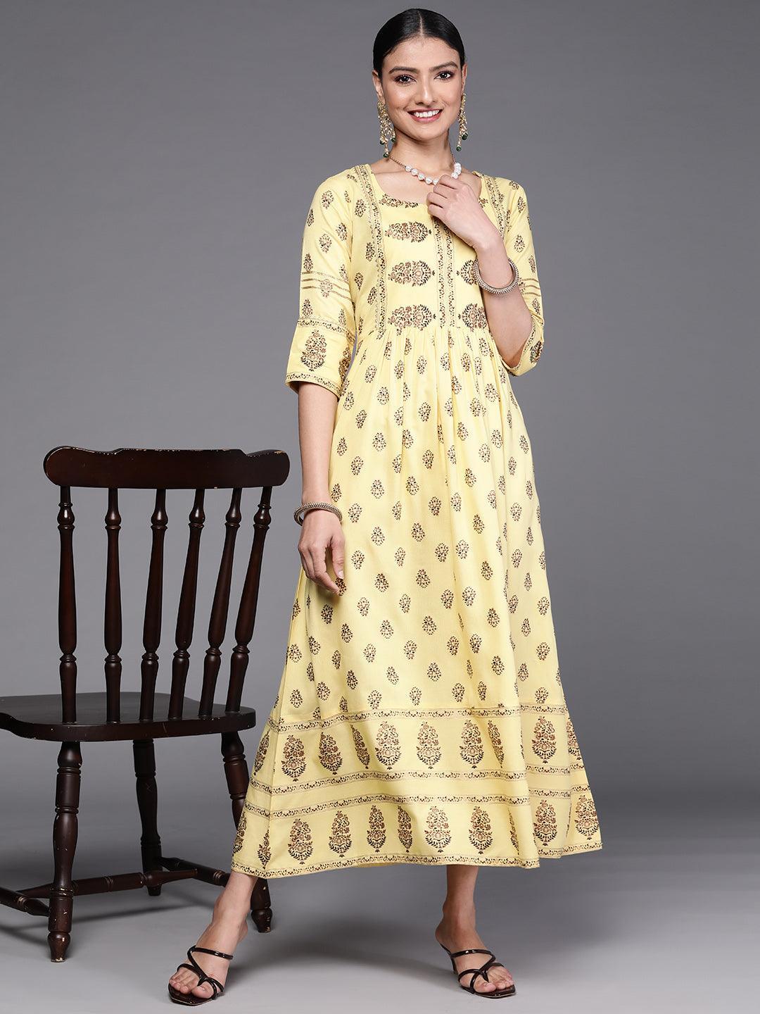 Yellow Printed Viscose Rayon Dress