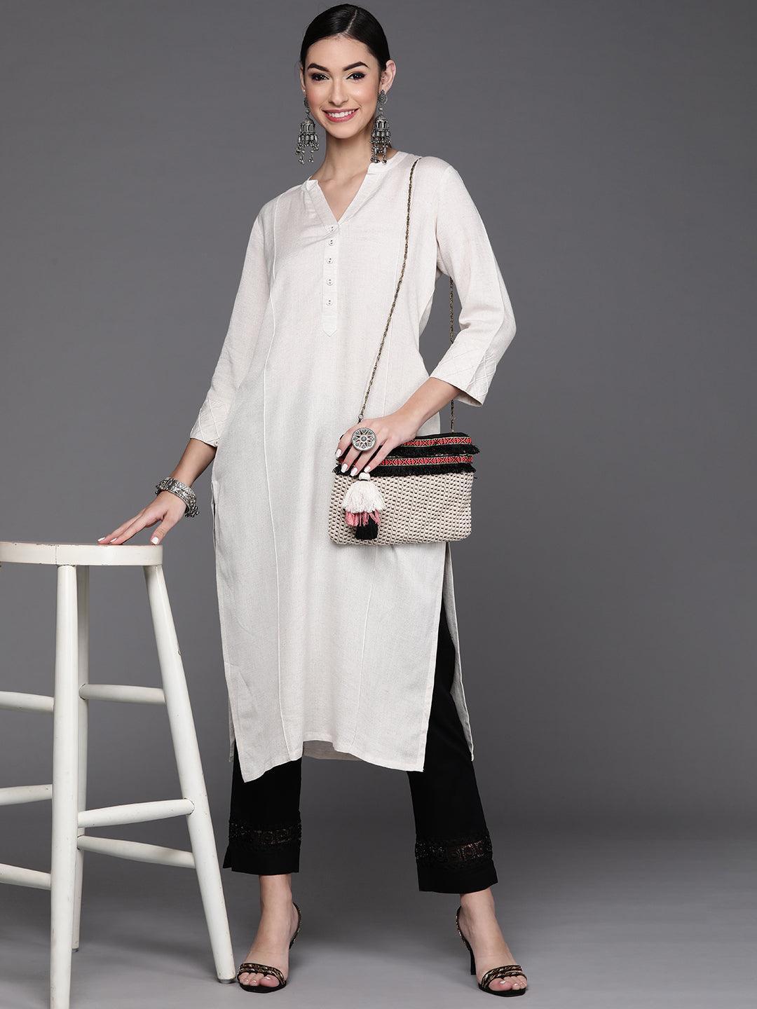 Off White Solid Cotton Kurta