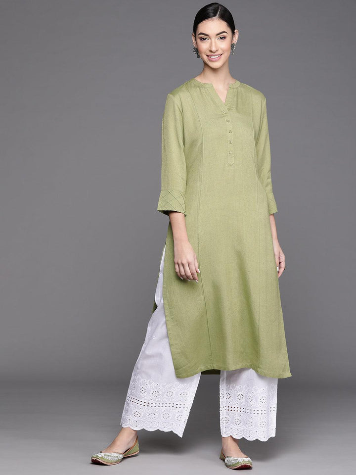 Olive Green Solid Cotton Kurta - ShopLibas