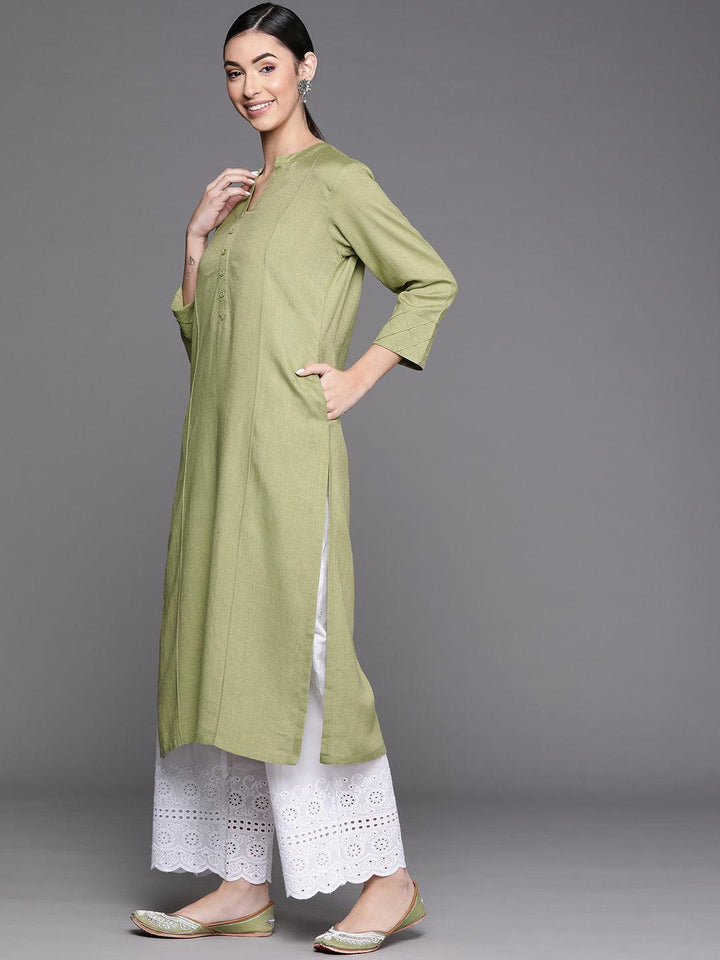 Olive Green Solid Cotton Kurta - ShopLibas