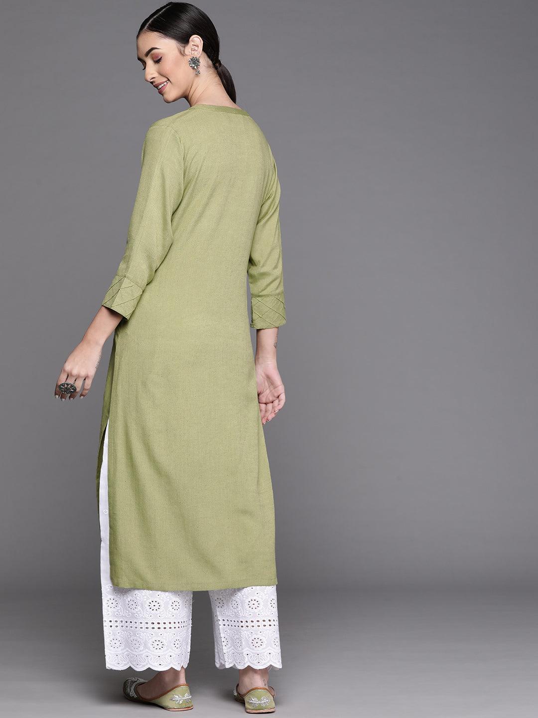 Olive Green Solid Cotton Kurta - ShopLibas