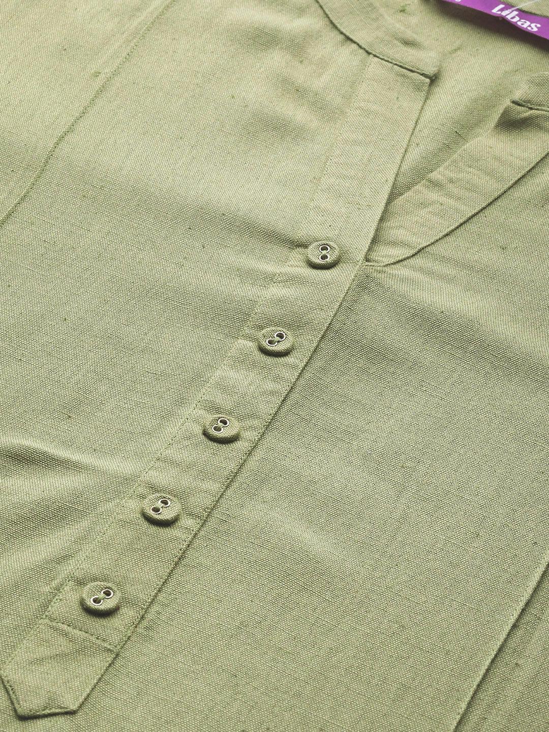 Olive Green Solid Cotton Kurta - ShopLibas