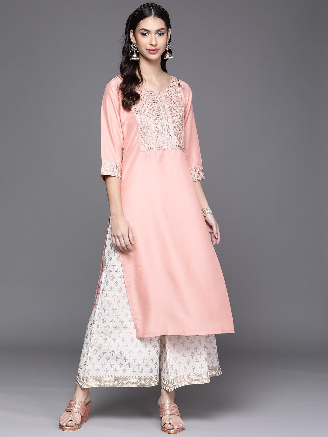 Peach Yoke Design Chanderi Silk Kurta