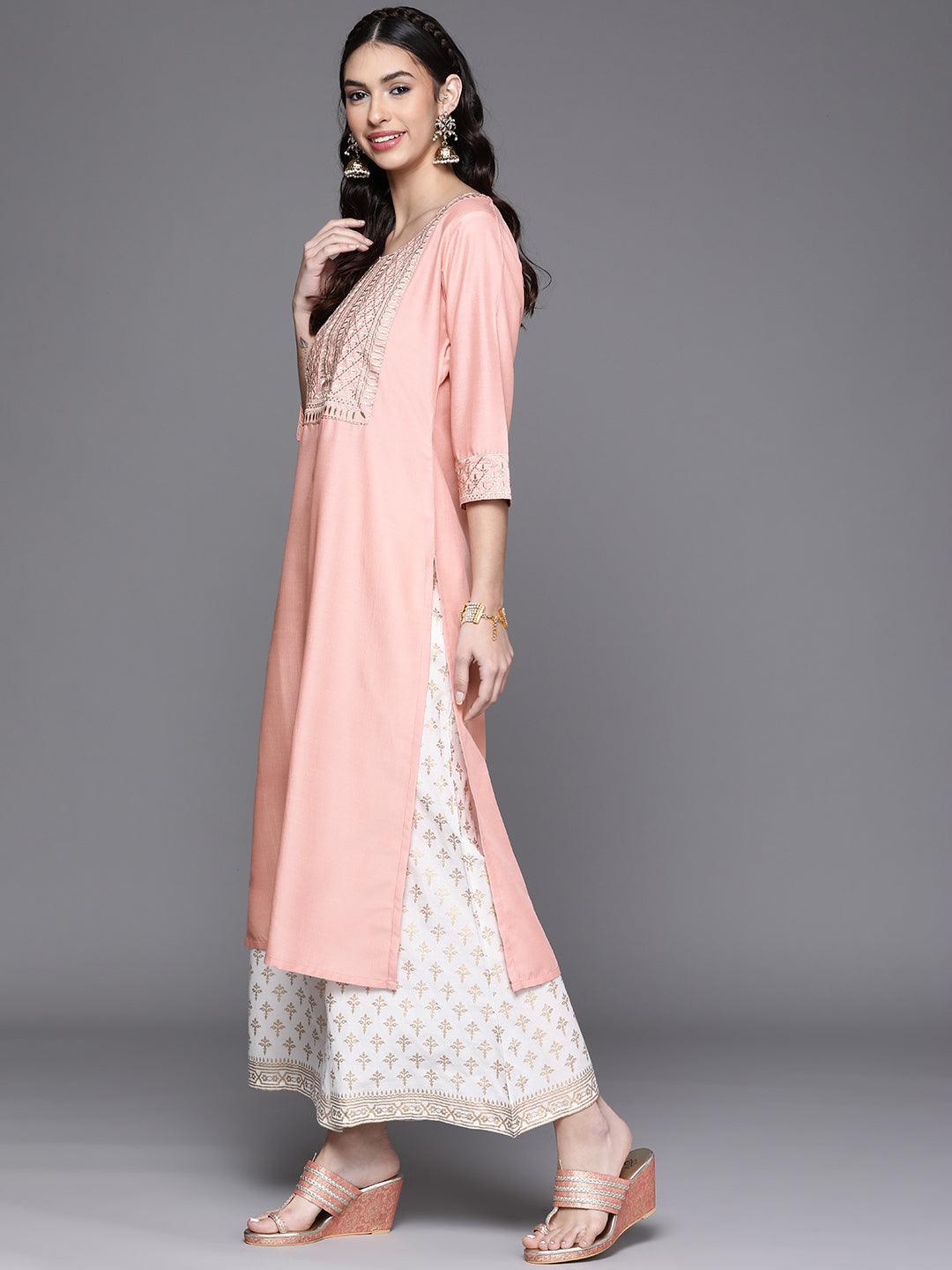 Peach Yoke Design Chanderi Silk Kurta