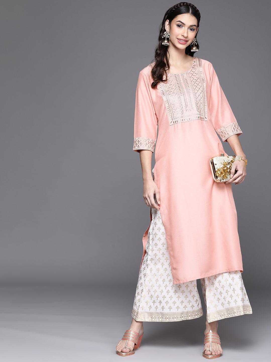 Peach Yoke Design Chanderi Silk Kurta