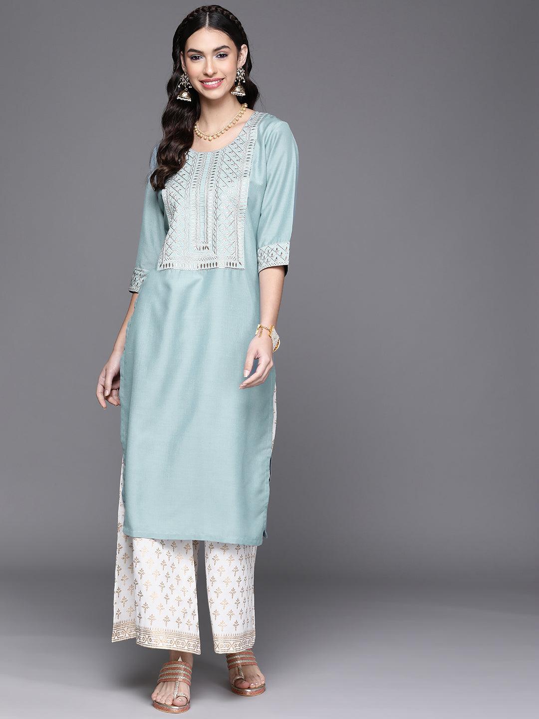 Blue Yoke Design Chanderi Silk Kurta