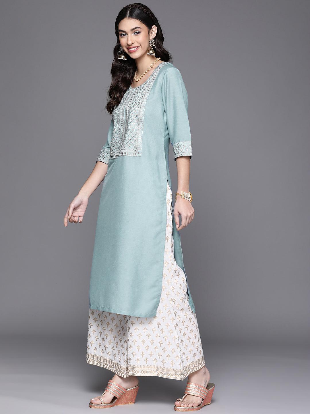 Blue Yoke Design Chanderi Silk Kurta