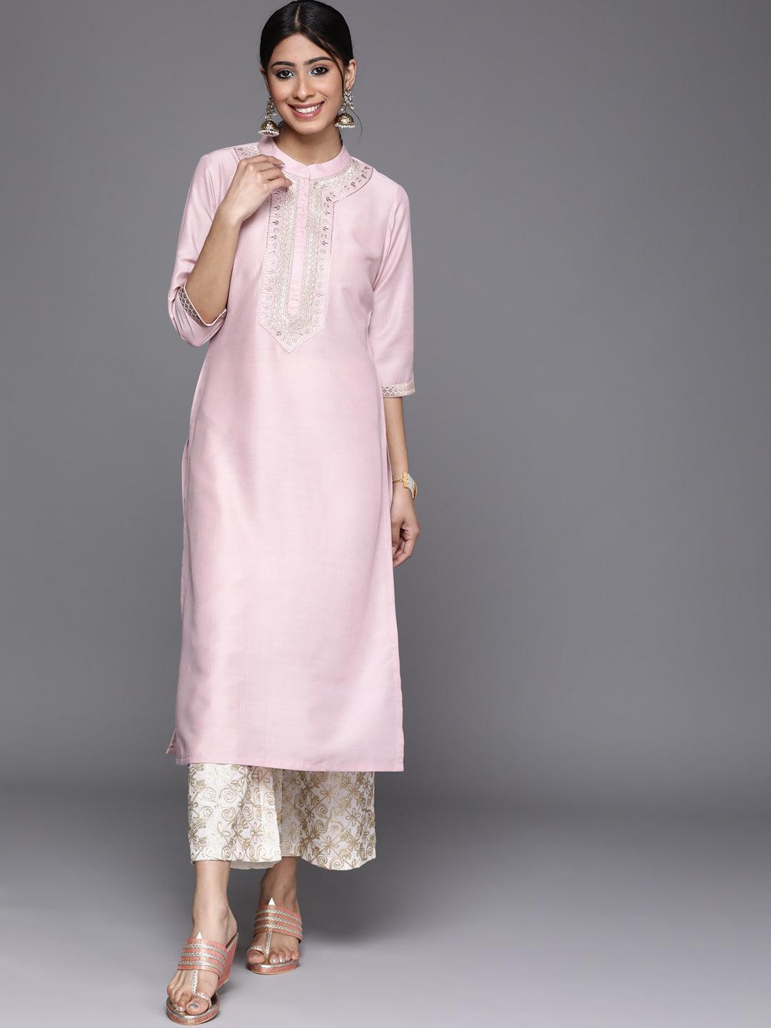 Pink Embroidered Chanderi Silk Kurta