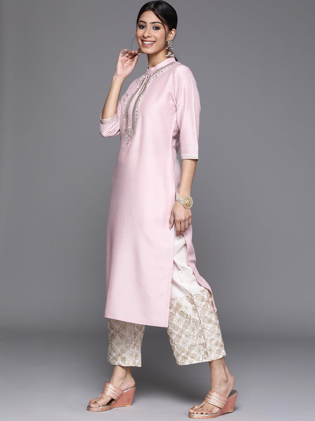 Pink Embroidered Chanderi Silk Kurta