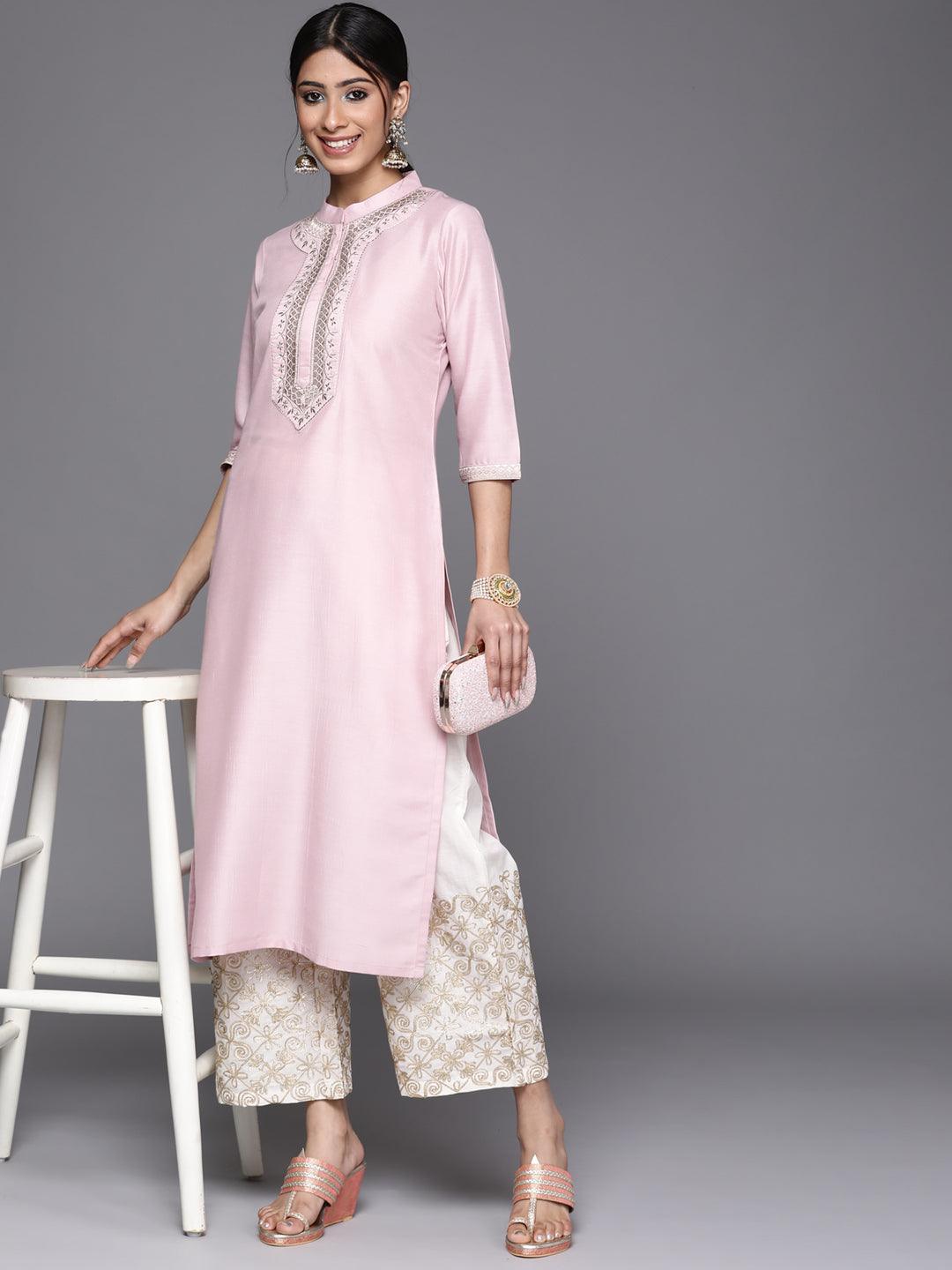 Pink Embroidered Chanderi Silk Kurta