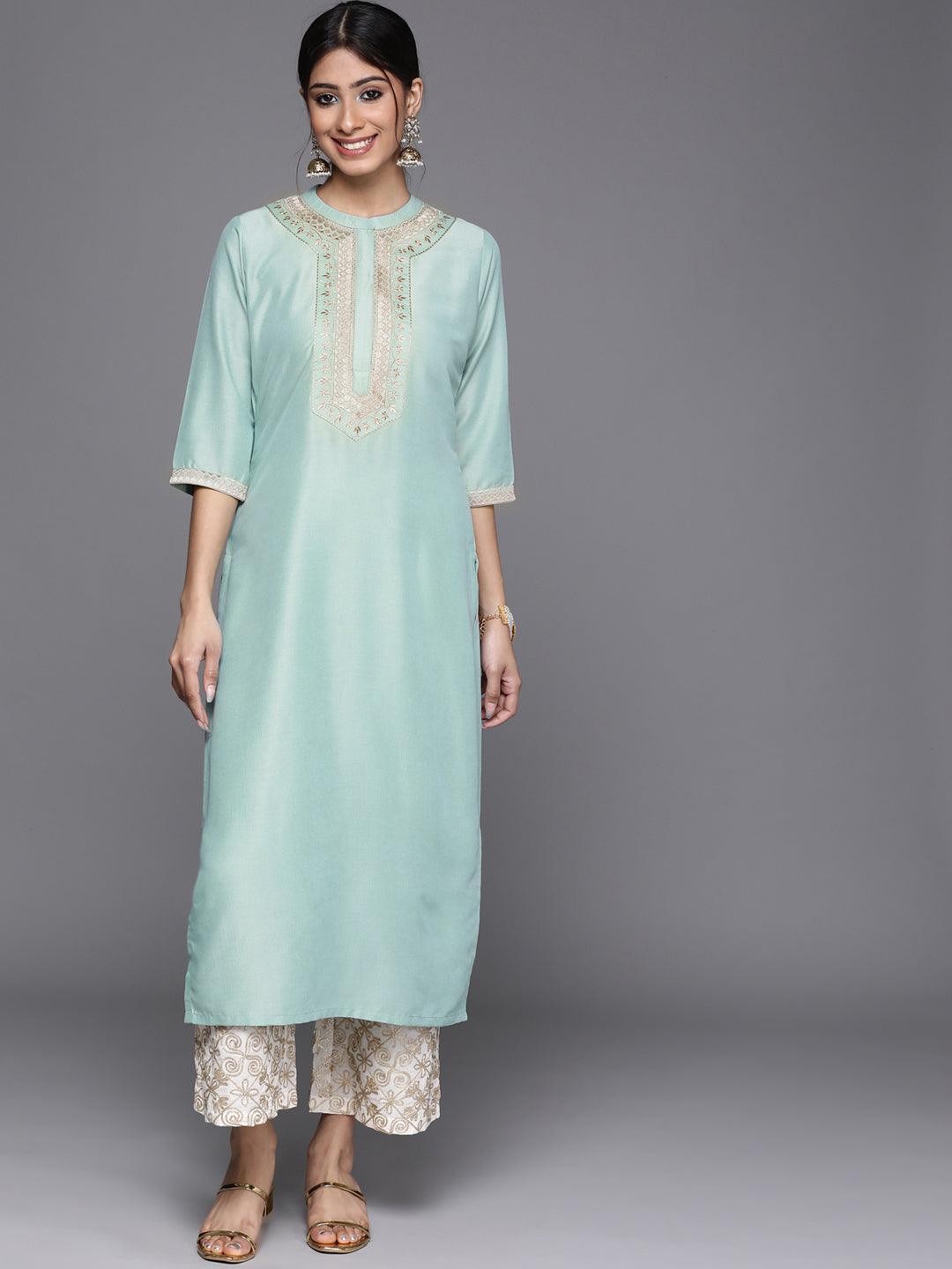 Blue Embroidered Chanderi Silk Kurta