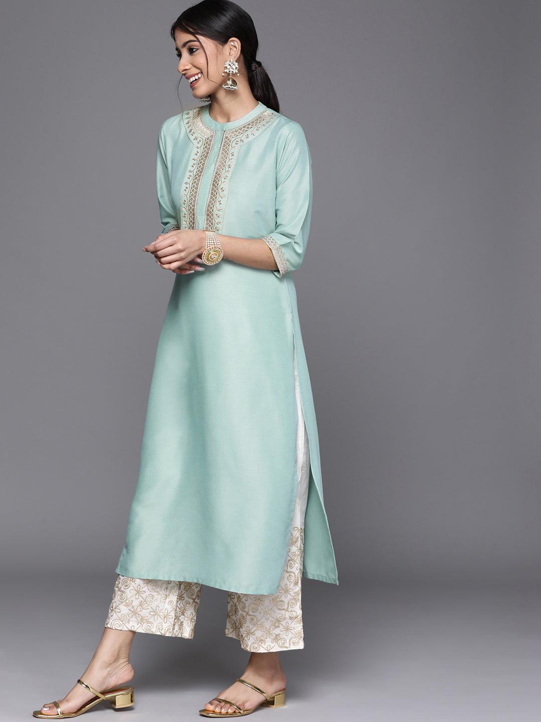 Blue Embroidered Chanderi Silk Kurta