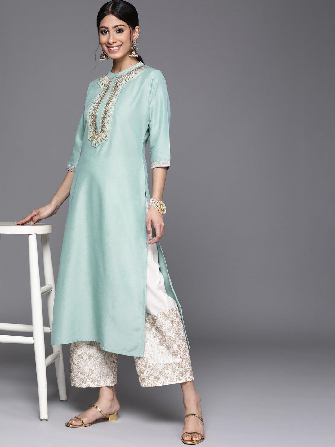 Blue Embroidered Chanderi Silk Kurta