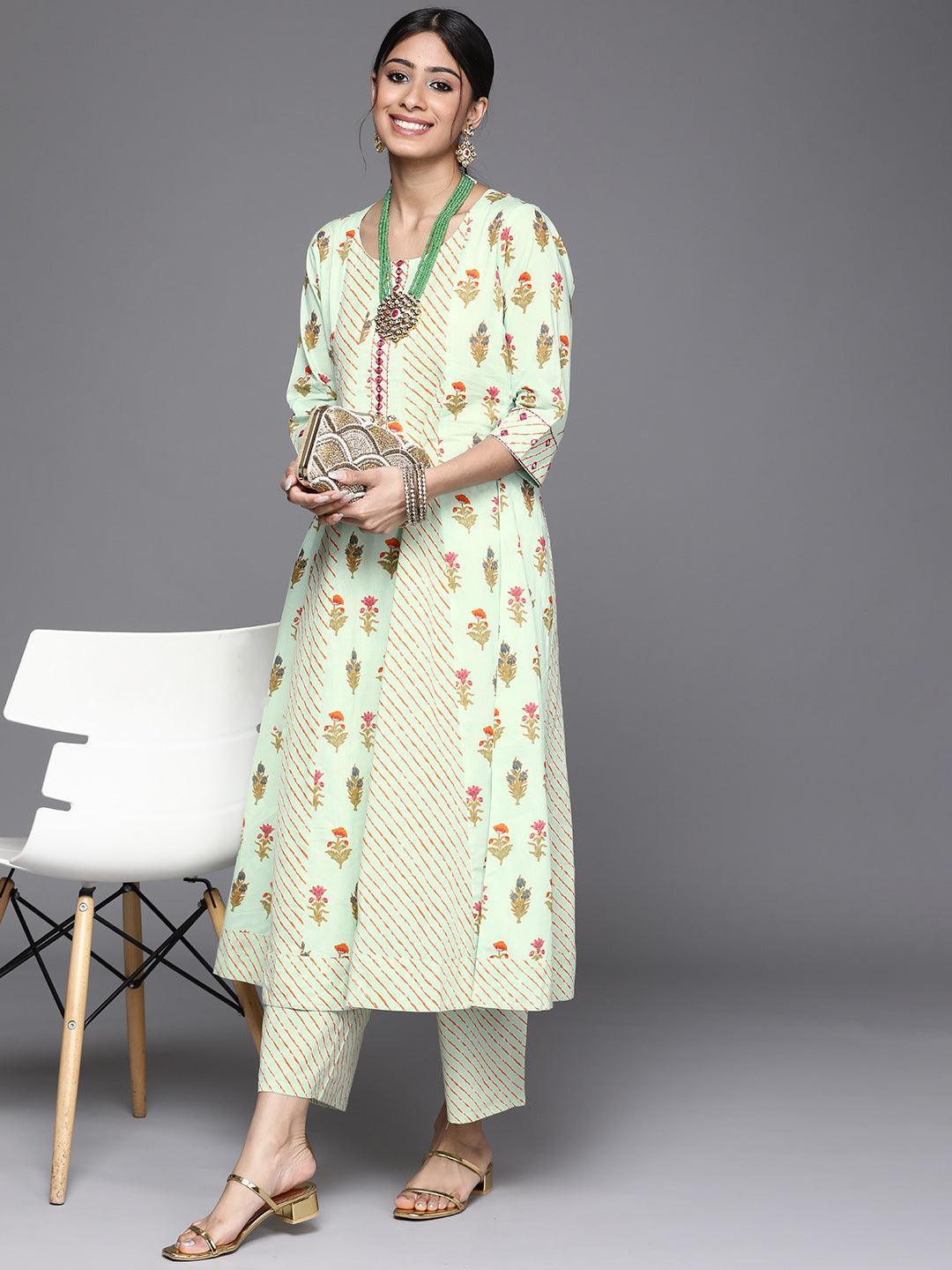 Sea Green Printed Cotton Kurta - ShopLibas