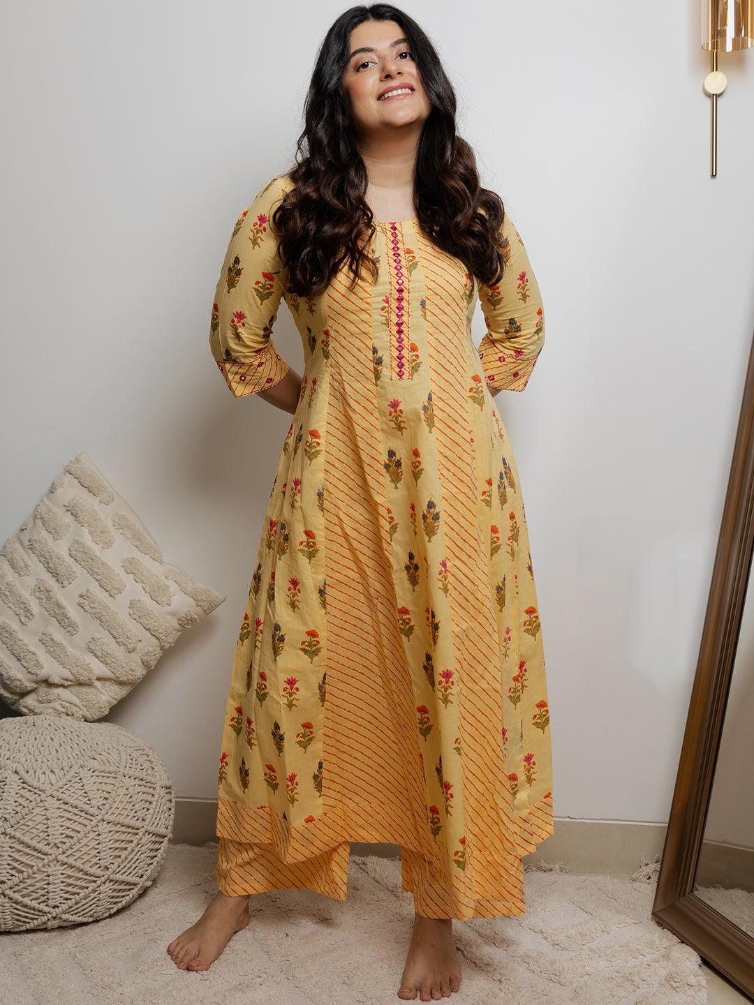 Yellow Printed Cotton Kurta