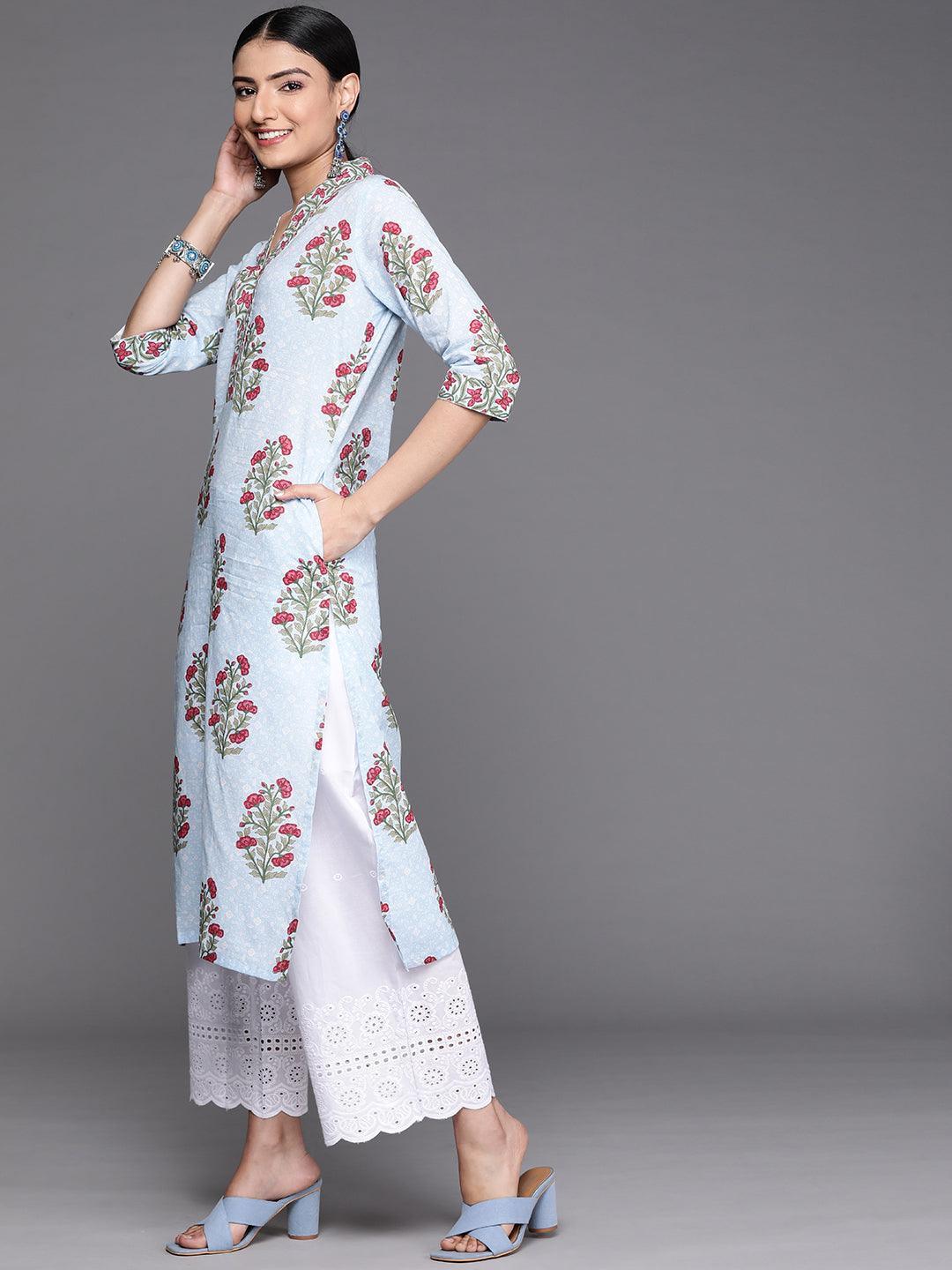 Blue Printed Cotton Kurta - ShopLibas