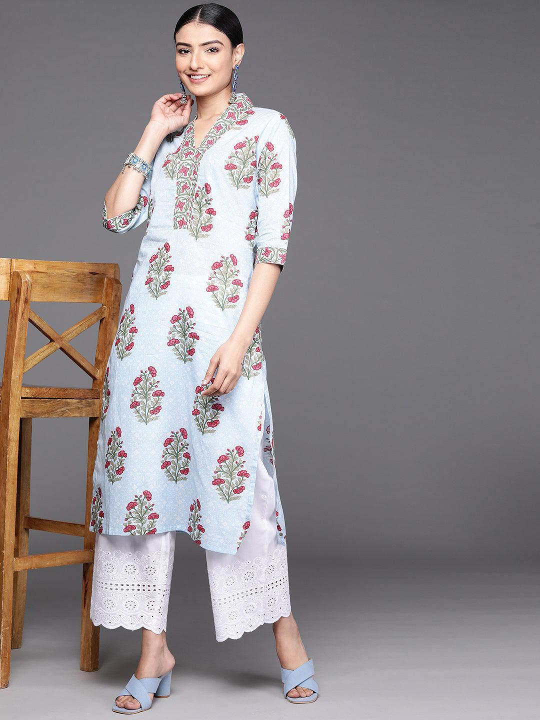 Blue Printed Cotton Kurta - ShopLibas