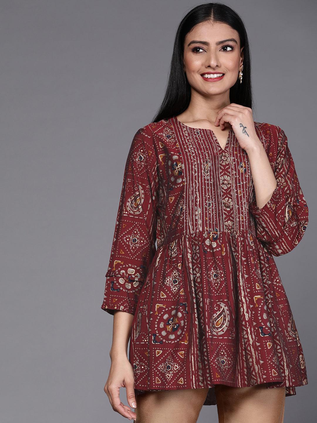 Maroon Printed A-Line Kurti