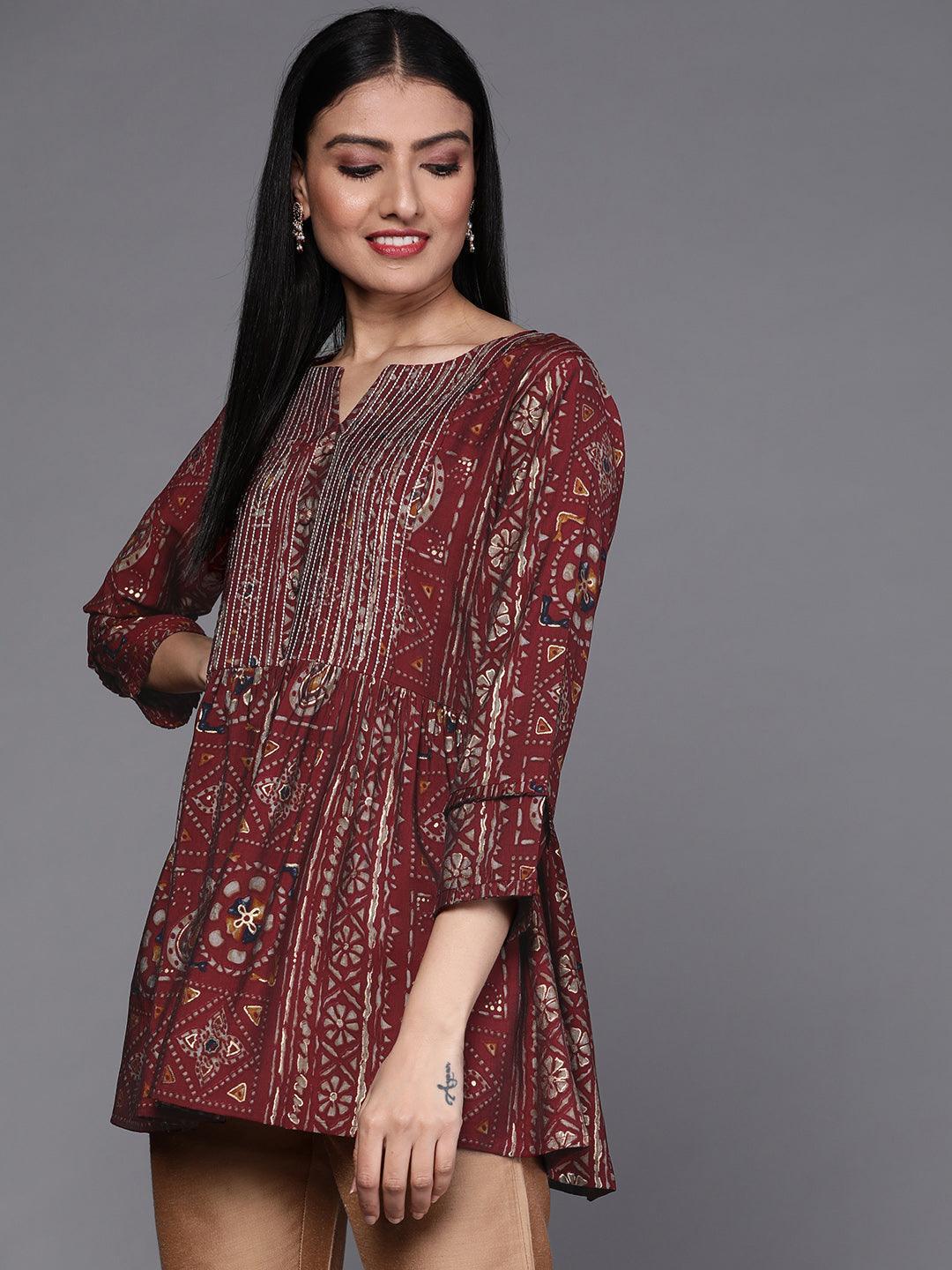 Maroon Printed A-Line Kurti