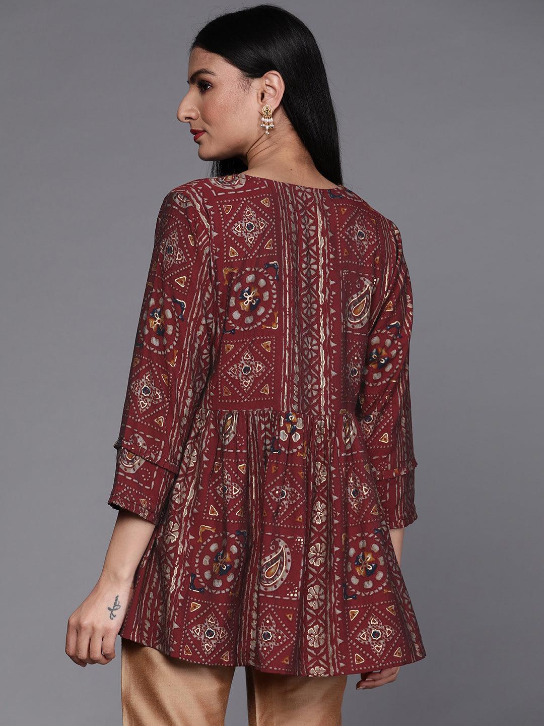 Maroon Printed A-Line Kurti