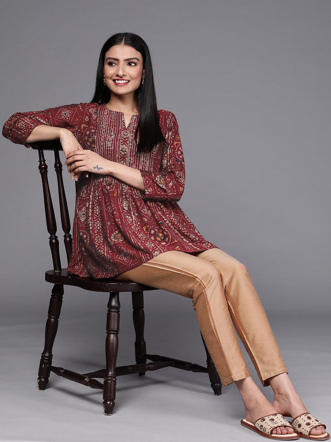 Maroon Printed A-Line Kurti