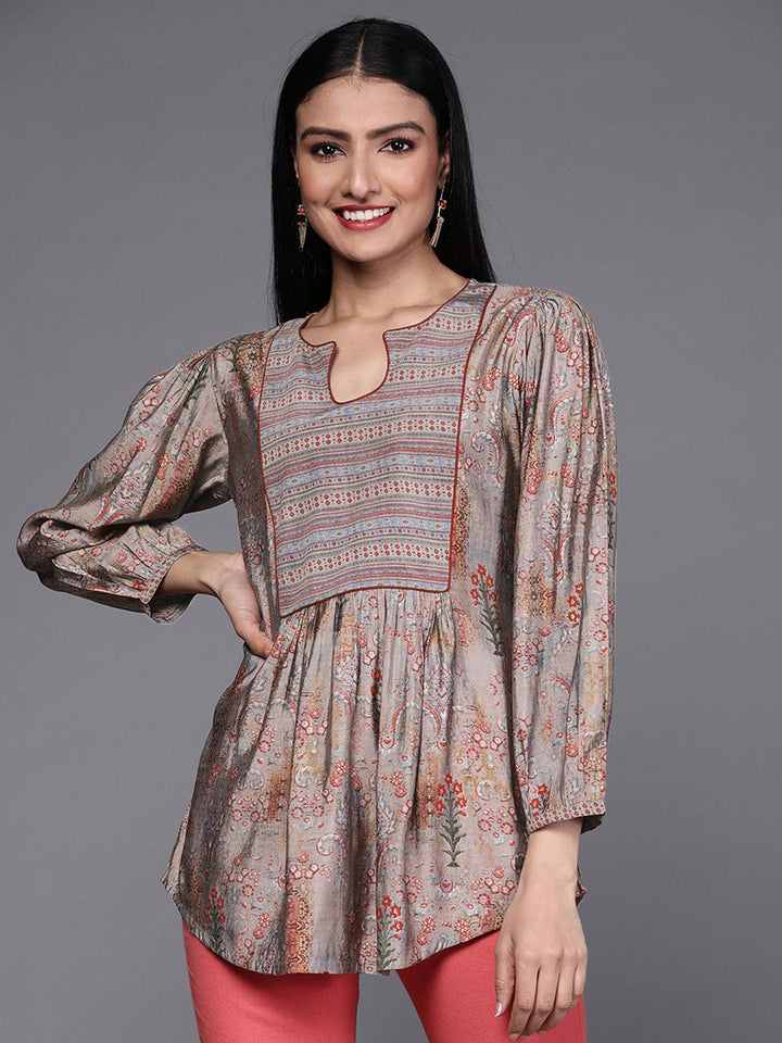 Grey Printed Silk Blend Kurti - ShopLibas