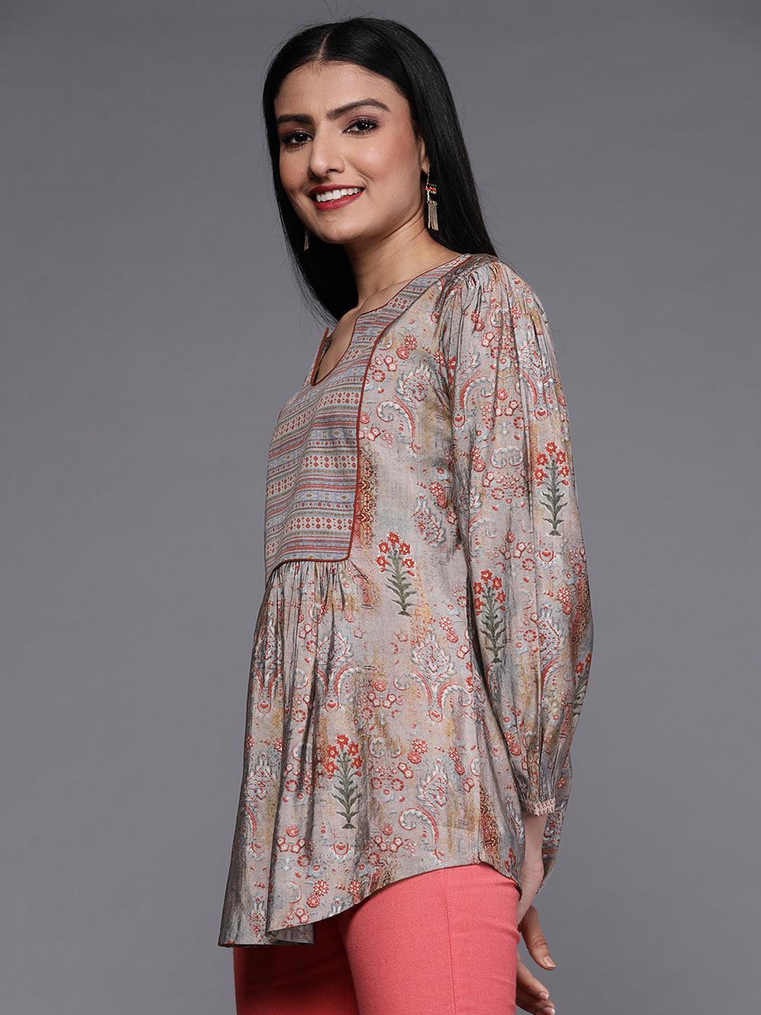 Grey Printed Silk Blend Kurti