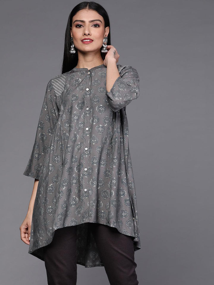 Grey Printed Silk Blend Kurti - ShopLibas