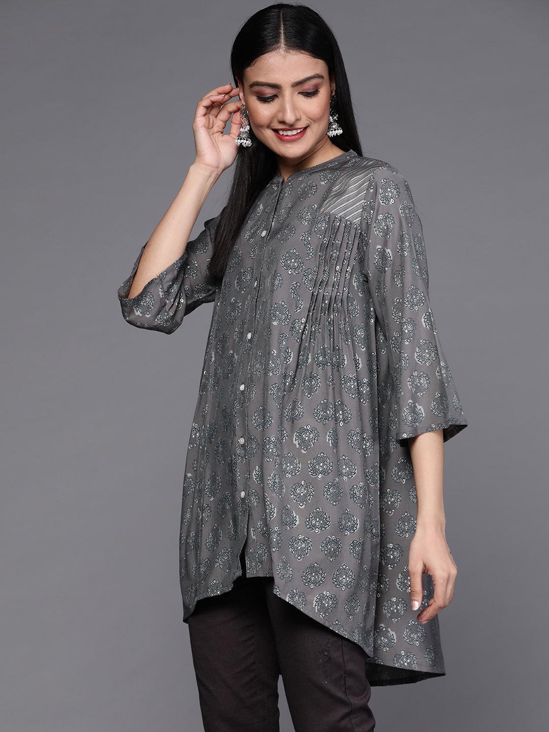 Grey Printed Silk Blend Kurti