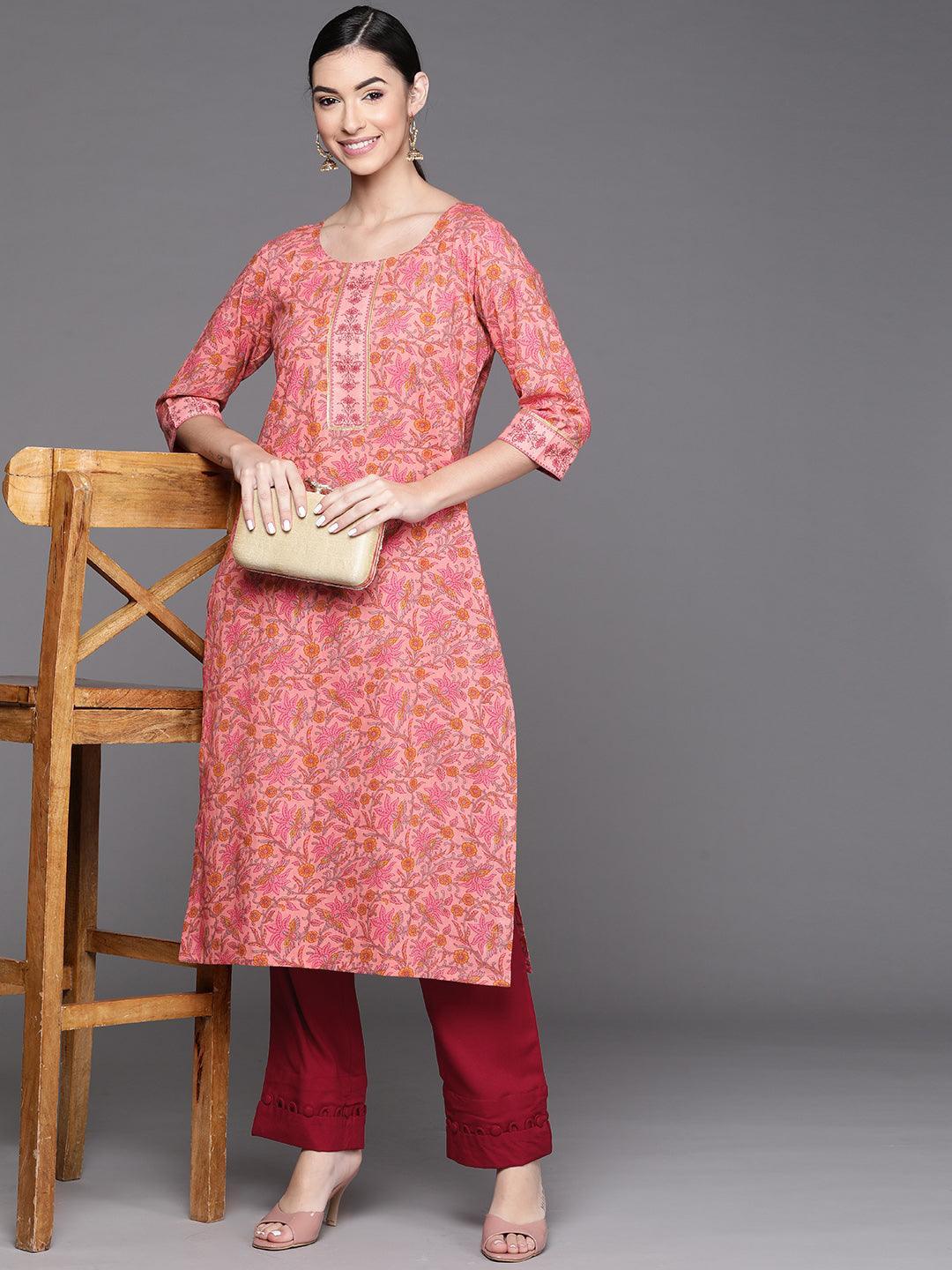 Pink Printed Cotton Kurta - ShopLibas