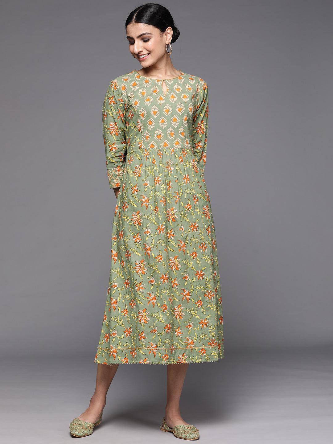 Olive Printed Cotton Dress - ShopLibas