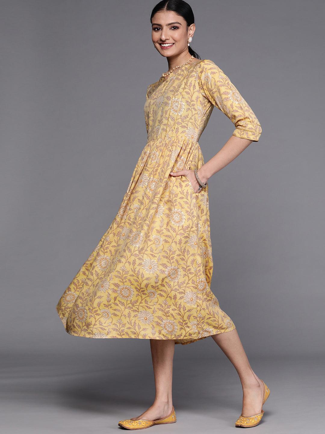 Mustard Printed Silk Dress