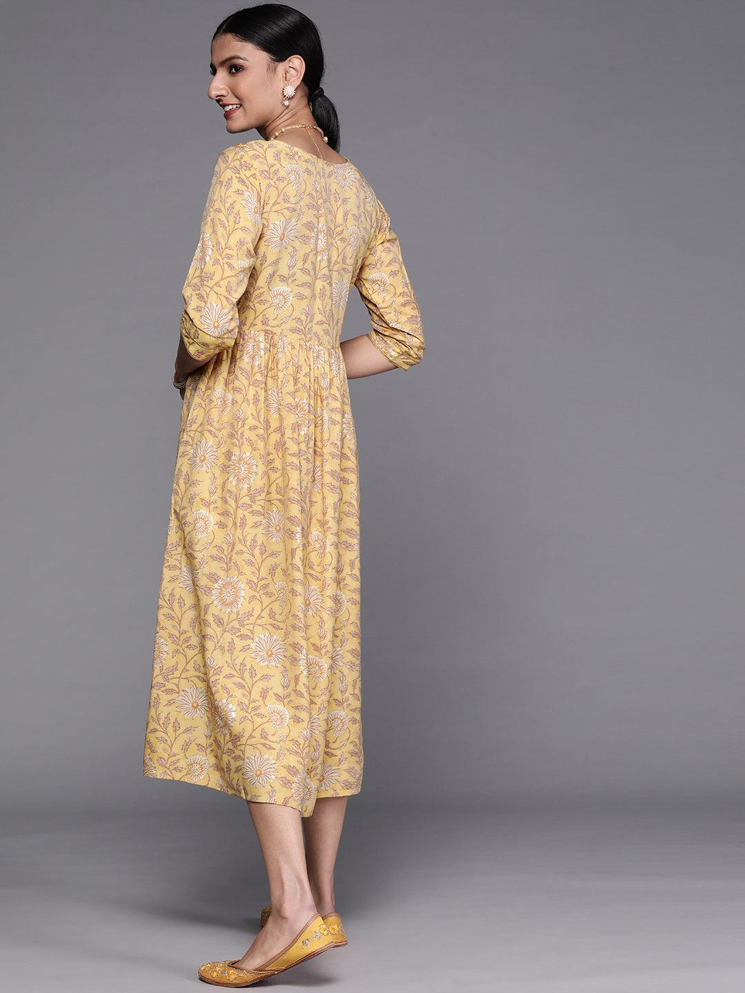 Mustard Printed Silk Dress