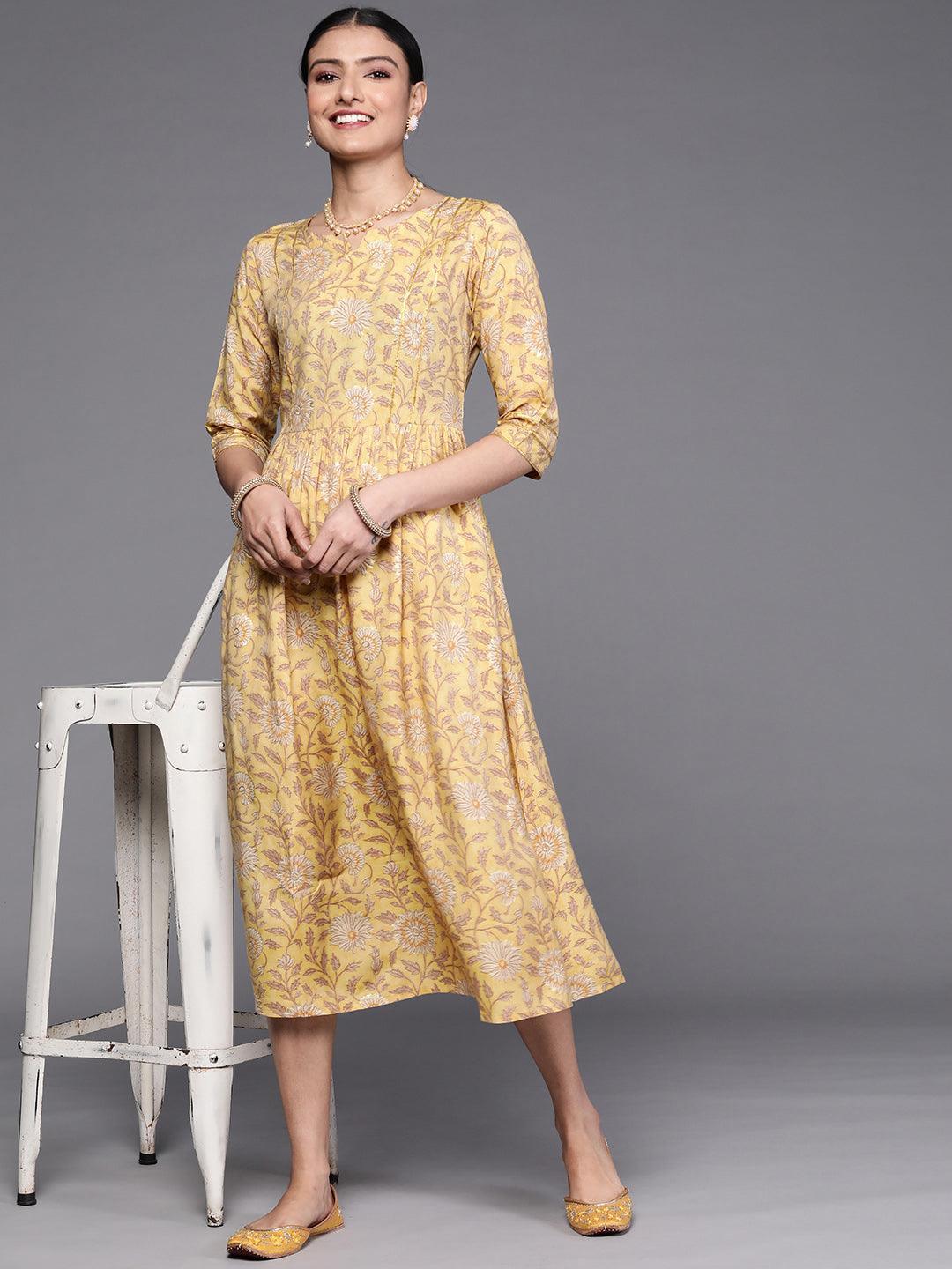 Mustard Printed Silk Dress