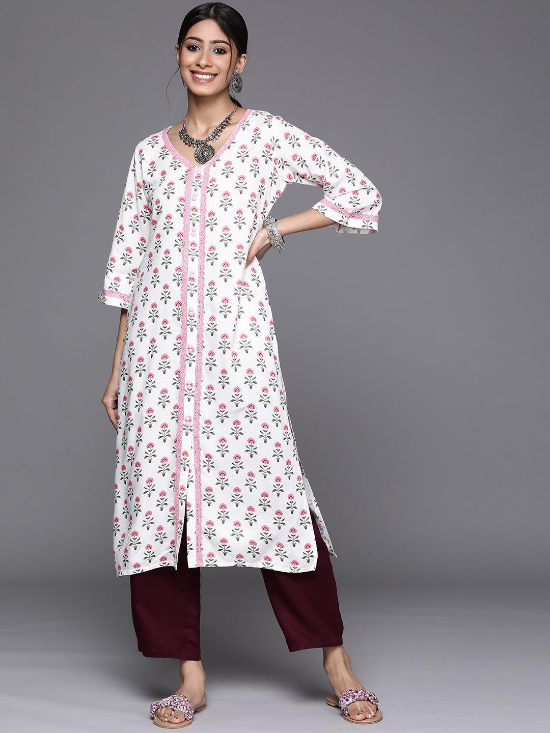 White Printed Cotton Kurta - ShopLibas