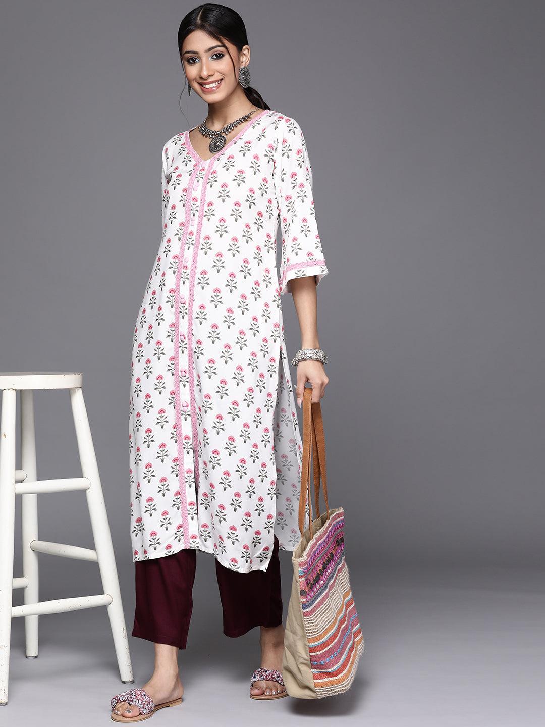 White Printed Cotton Kurta - ShopLibas