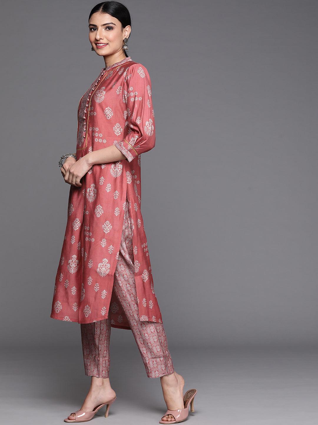 Pink Printed Chanderi Silk Kurta - ShopLibas